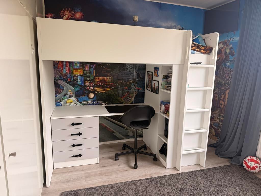 Ikea Hoogslaper met Bureau, Kast, Matras en Stoel, Gebruikt, Eenpersoons, Ophalen of Verzenden, 200 cm