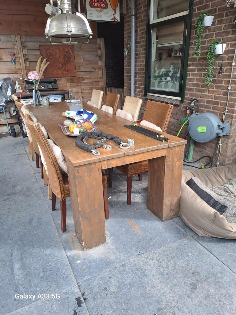 Robuuste houten tuintafel 300x100 cm met 8 stoelen, Ophalen of Verzenden, Gebruikt, Rechthoekig, Hout