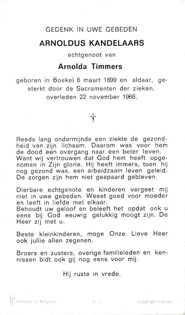 Kandelaars Arnoldus 1899 Boekel 1966, Verzamelen, Bidprentjes en Rouwkaarten, Ophalen of Verzenden, Bidprentje