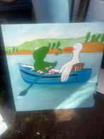 Schilderij op hout van kikker en eend in bootje, Antiek en Kunst, Ophalen