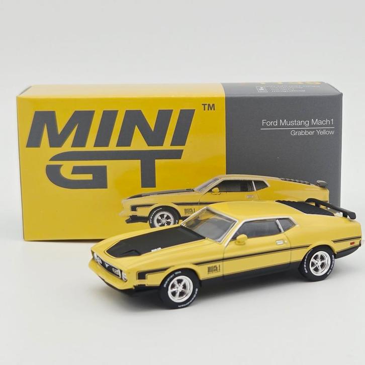 Mini GT 1971 Ford Mustang Mach 1 Grabber Yellow 1:64, Hobby en Vrije tijd, Modelauto's | Overige schalen, Nieuw, Auto, Ophalen of Verzenden