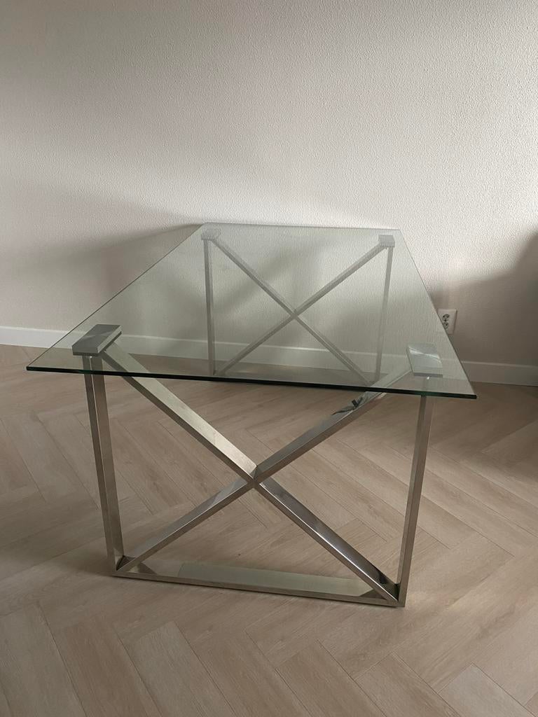 Eettafel eric kuster richmond stijl glas chroom, Ophalen, 100 tot 150 cm, 50 tot 100 cm, Vier personen