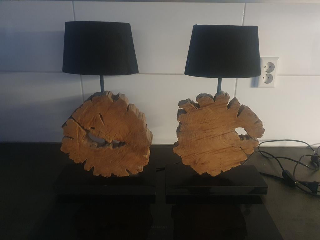 2 schemerlampjes, boomstam, zwart kapje, Huis en Inrichting, Lampen | Tafellampen, Ophalen, Minder dan 50 cm