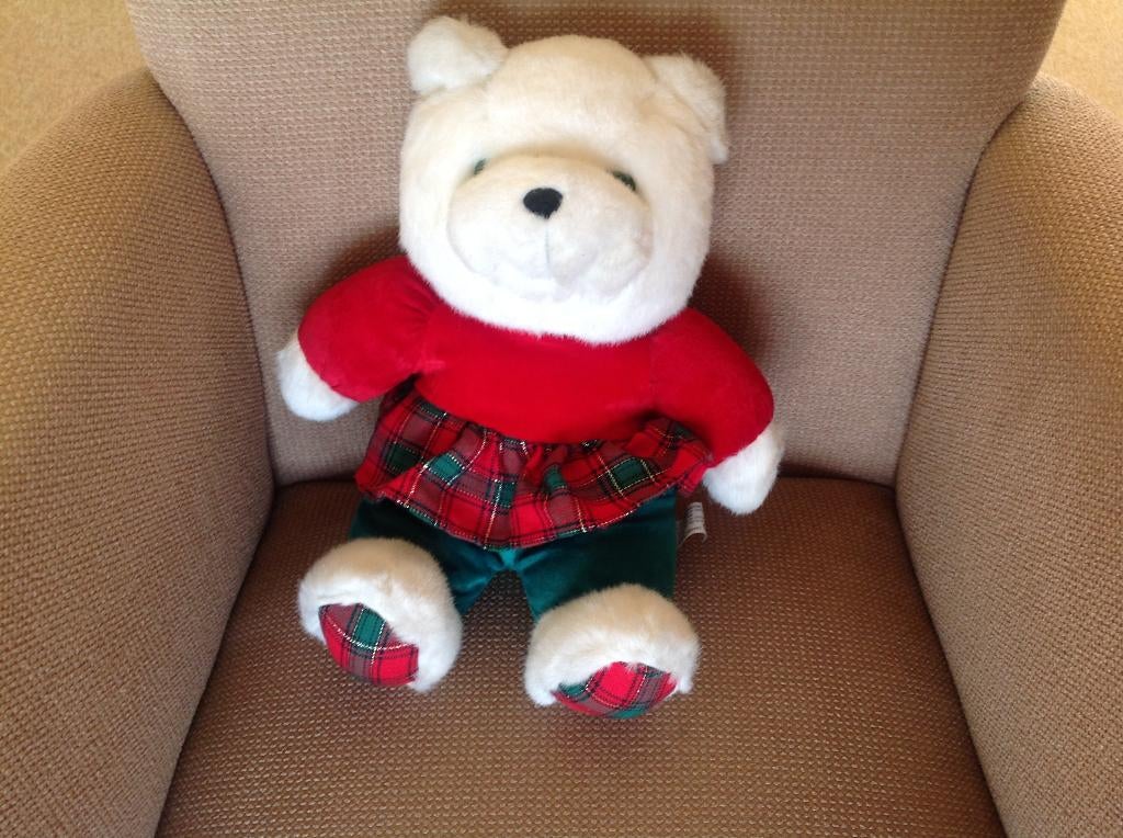 Witte beer, knuffelbeer met Schotse ruit , in roodgroene rok, Ophalen of Verzenden, Zo goed als nieuw, Beer