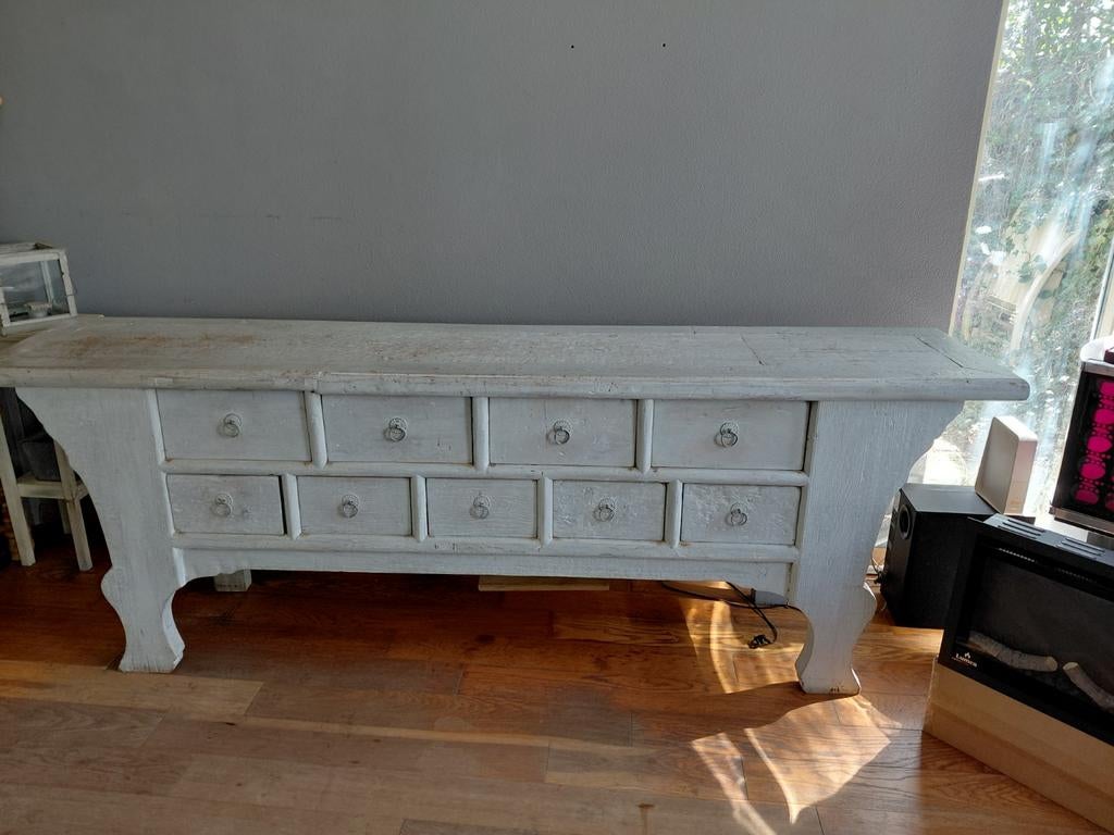 Uniek Dressoir/Kast met 9 Laden - White Wash - 231 cm breed, Gebruikt, Ophalen of Verzenden, 200 cm of meer, Met lade(s)