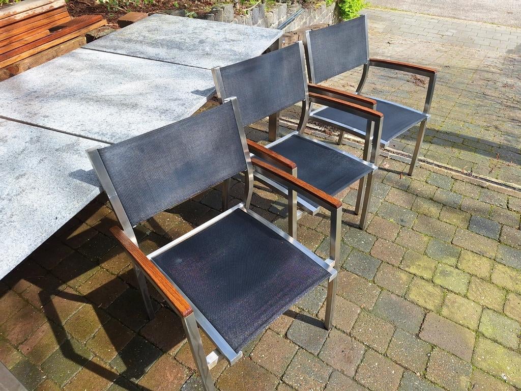 Terrastafel graniet met 6 RVS stoelen, Ophalen, Gebruikt, Rechthoekig, Rvs