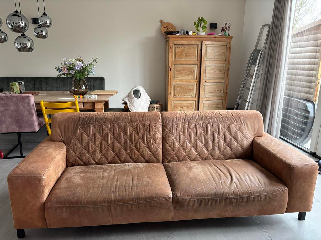 Bruine leren bank, 220cm breed, Ophalen, Gebruikt, Driepersoons, Rechte bank