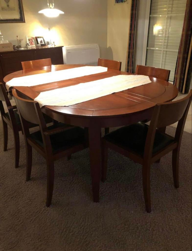 Kersenhouten eettafel ovaal/vierkant + 6 lederen stoelen, Huis en Inrichting, Tafels | Eettafels, Gebruikt, 100 tot 150 cm, Klassiek