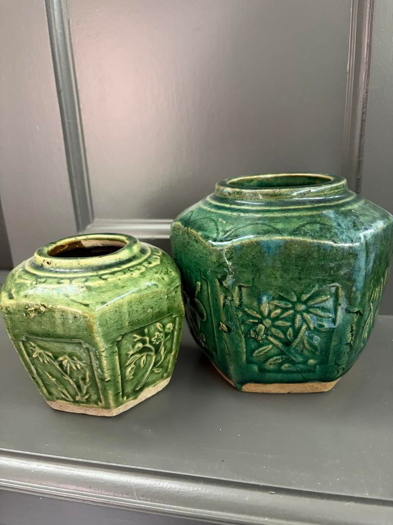 Oude Chinese Shiwan gemberpotten, groen glazuur, Ophalen of Verzenden