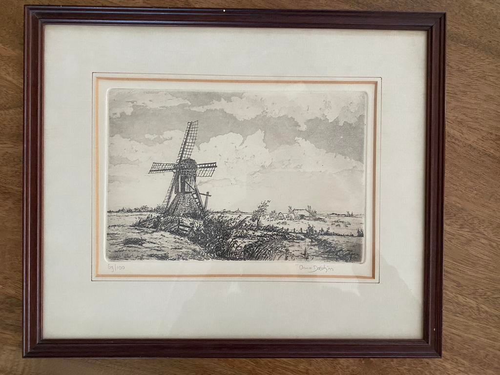 Prent Anna Doedijns - Molenlandschap Genummerd en Gesigneerd, Antiek en Kunst, Ophalen of Verzenden, 38 cm, Gesigneerd, Landschap