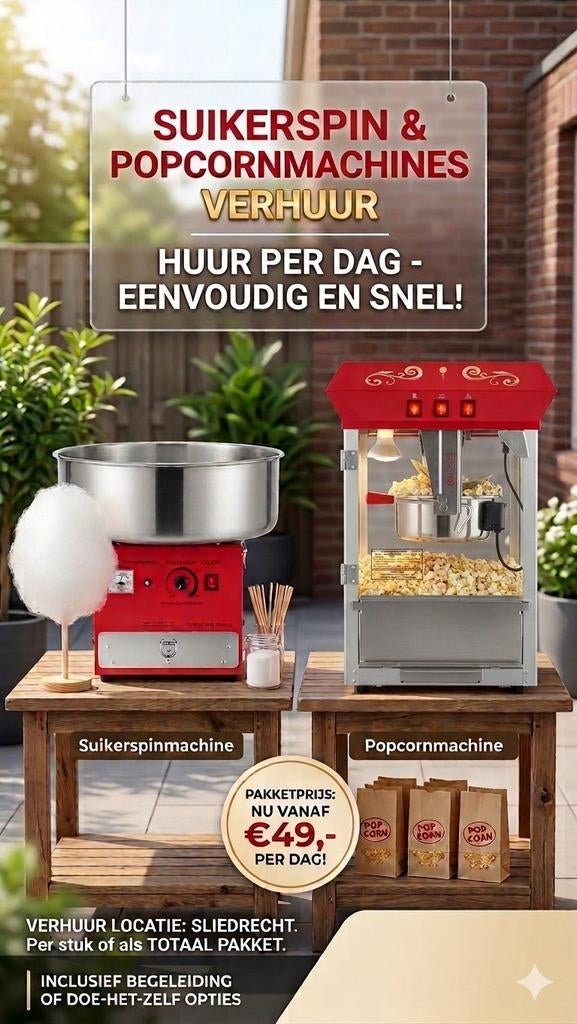 Huur een Suikerspin- of Popcornmachine!  voor jou feestje!, Hobby en Vrije tijd, Feestartikelen | Verhuur, Ophalen