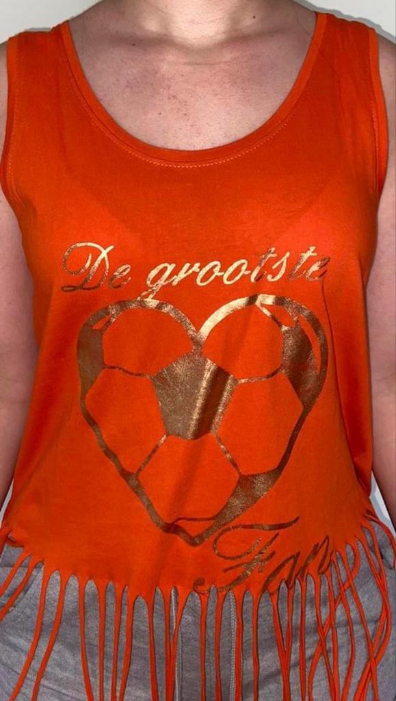 Oranje voetbal topje met franjes - Maat S, Oranje, Ophalen of Verzenden, Zo goed als nieuw, Maat 36 (S)