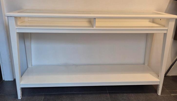 Witte sidetable met glazen plaat 132x36,5x75,5h, Huis en Inrichting, Tafels | Sidetables, Zo goed als nieuw, 25 tot 50 cm, 100 tot 150 cm