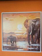 Schilderij olifanten zonsondergang - Impasto techniek, Ophalen of Verzenden