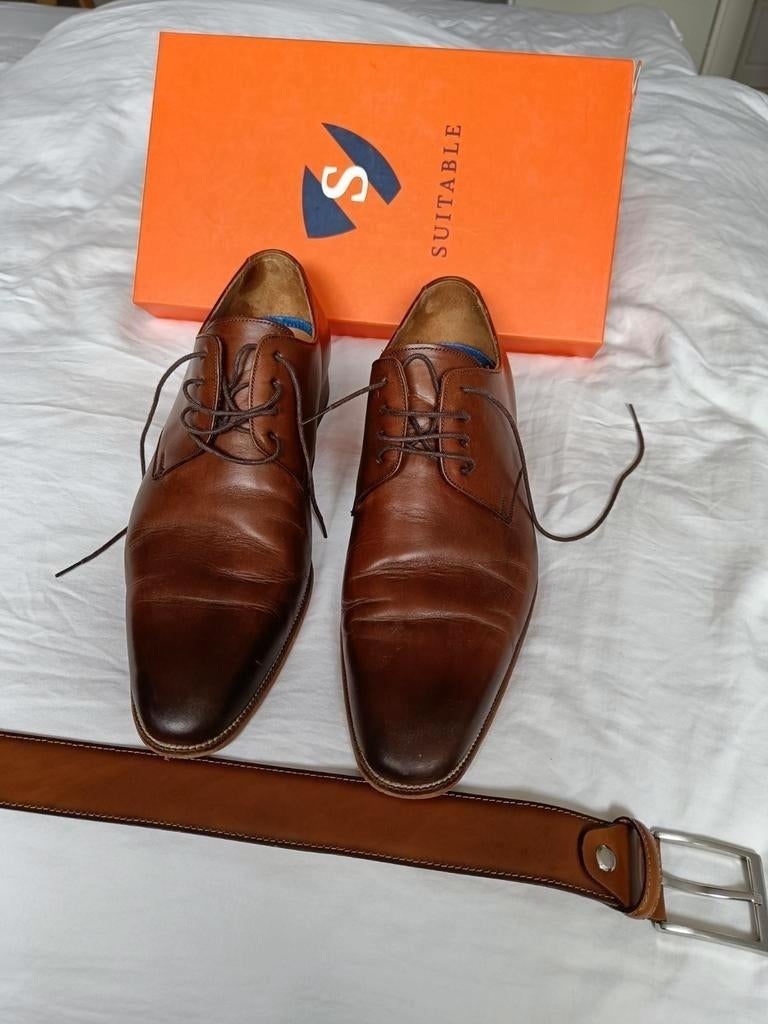 Heren schoenen echt leer mt 44/45 + bijpassende riem mt 105, Bruin, Ophalen of Verzenden, Veterschoenen, Suitable