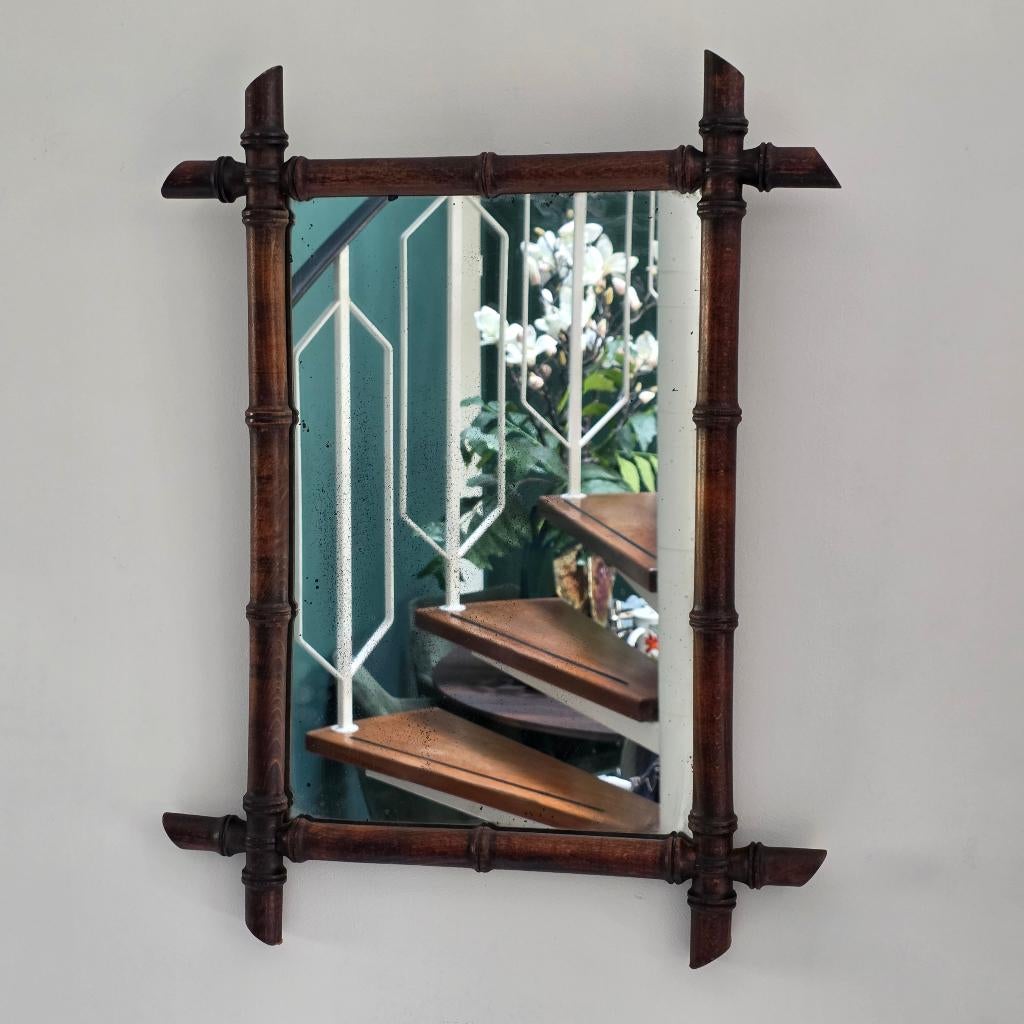 Grote vintage rechthoekige houten "faux bamboo" spiegel, Ophalen, Rechthoekig, 50 tot 100 cm, Minder dan 100 cm