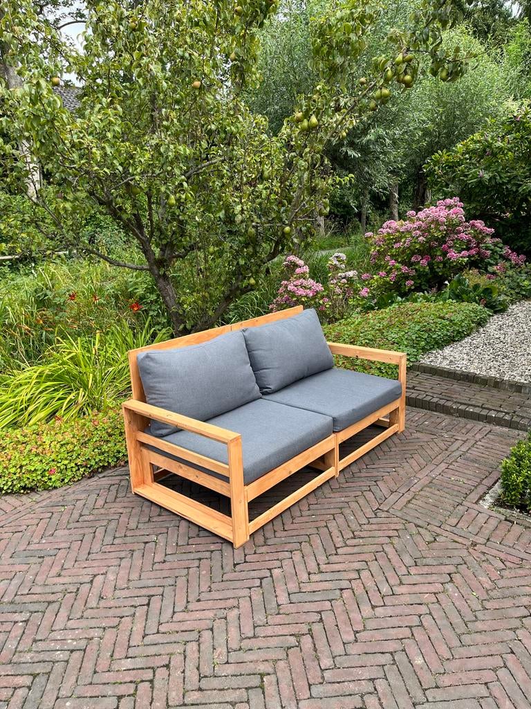 Zelfgemaakte houten buitenbank met kussens, Ophalen, Gebruikt, Hout