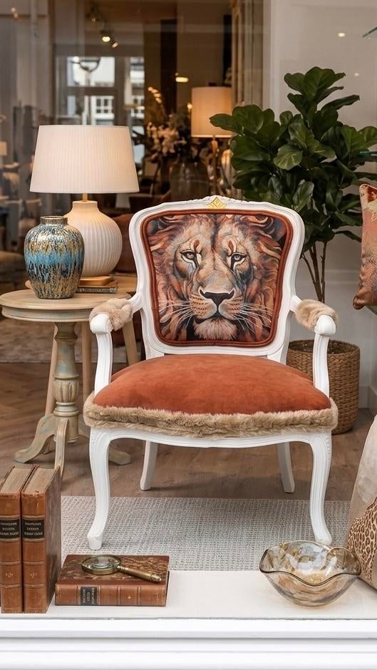 Brocante Fauteuil met Leeuwenprint & Velvet Terra Zitting, Huis en Inrichting, Fauteuils, Ophalen, Zo goed als nieuw, Stof, 50 tot 75 cm