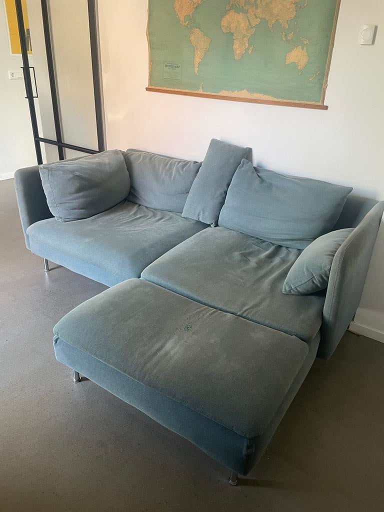 Söderhamn bank grijs/ blauw. Tweezits met loungegedeelte., Ophalen, Gebruikt, 150 tot 200 cm, Tweepersoons