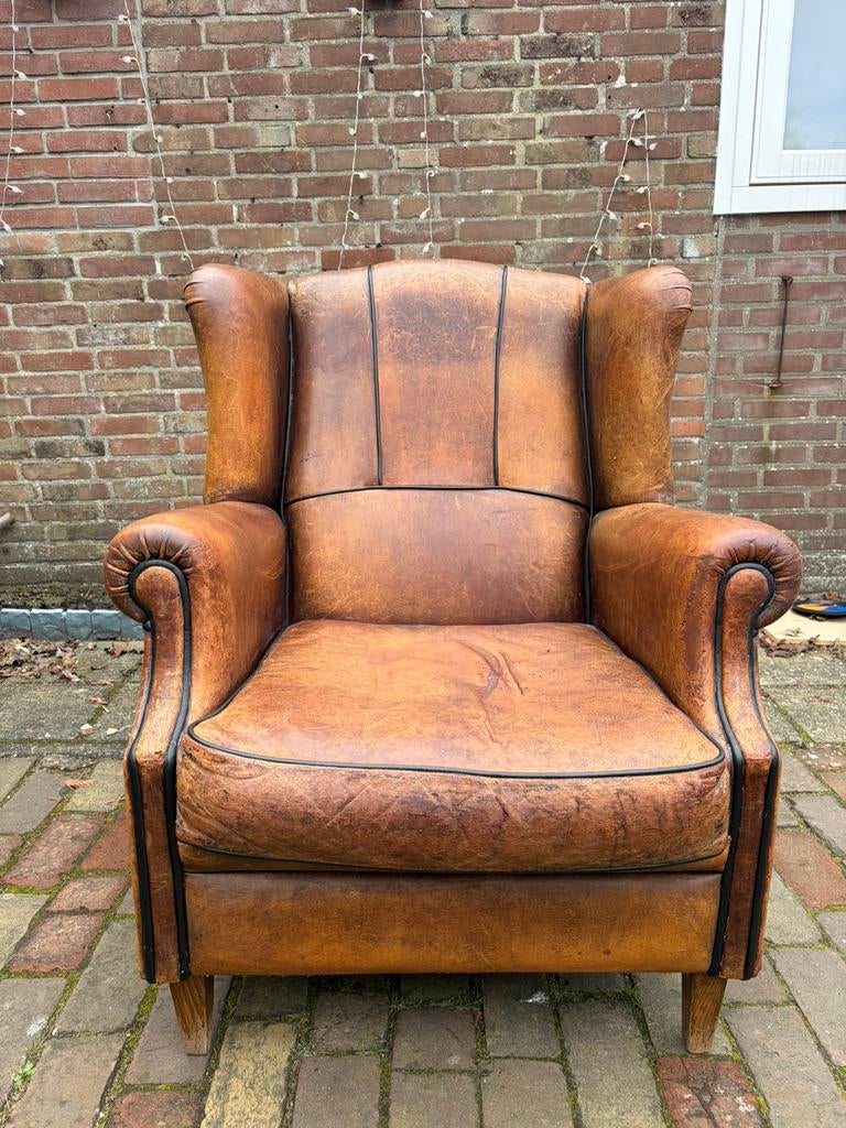 Vintage schapenleren fauteuil, Ophalen of Verzenden, Zo goed als nieuw, 75 tot 100 cm, 50 tot 75 cm