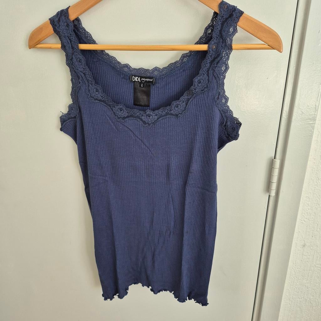 DIDI Pretty Different Blauwe Ribgebreide Top met Kant Maat L, Blauw, Maat 42/44 (L), Ophalen of Verzenden, Zo goed als nieuw