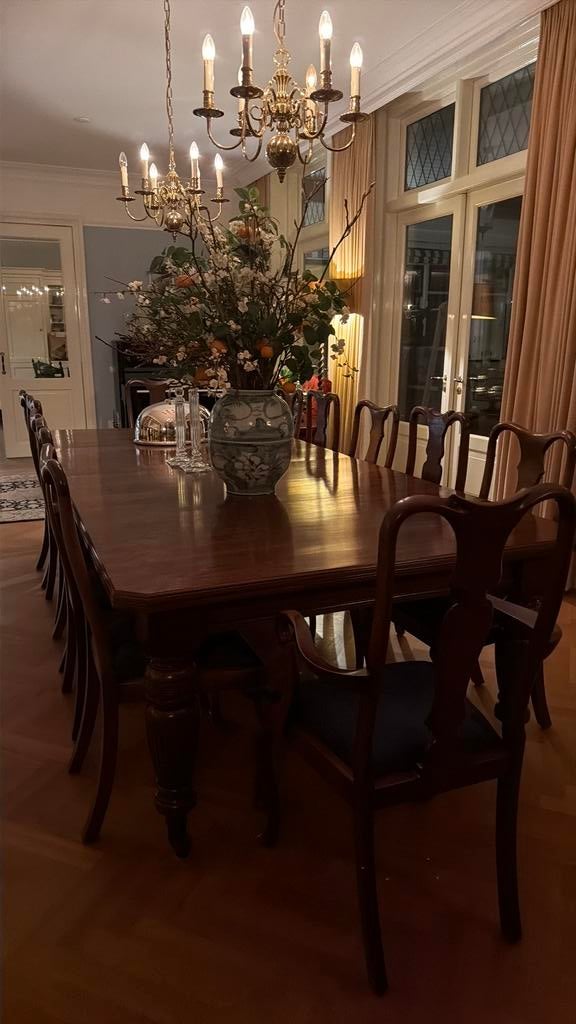 Antiek Engelse eethoek, noten tafel/ mahonie stoelen, Huis en Inrichting, Tafels | Eettafels, 100 tot 150 cm, 200 cm of meer, Ophalen of Verzenden