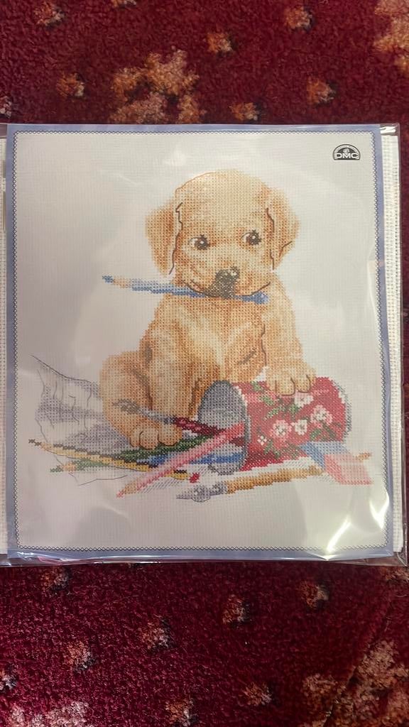 Borduurpakket hond puppy met potloden, Ophalen of Verzenden, Zo goed als nieuw, Borduurpakket