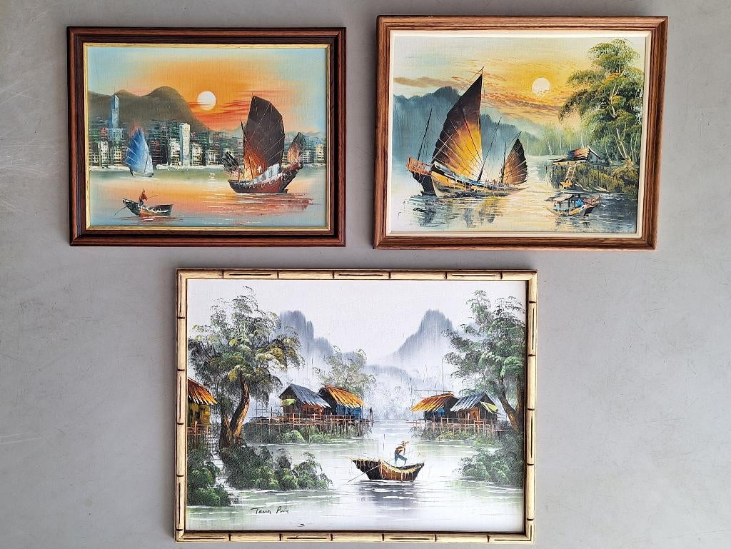 lot 3st Aziatisch impressionistische kunst vissersboot boten, Antiek en Kunst, Kunst | Schilderijen | Klassiek, Ophalen of Verzenden