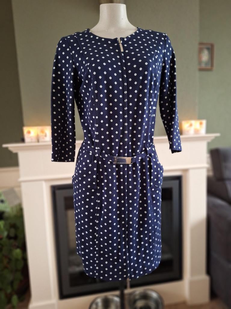 Caroline Biss blauw wit polkadot jurk riem 40, Maat 38/40 (M), Zo goed als nieuw, Knielengte, Caroline Biss