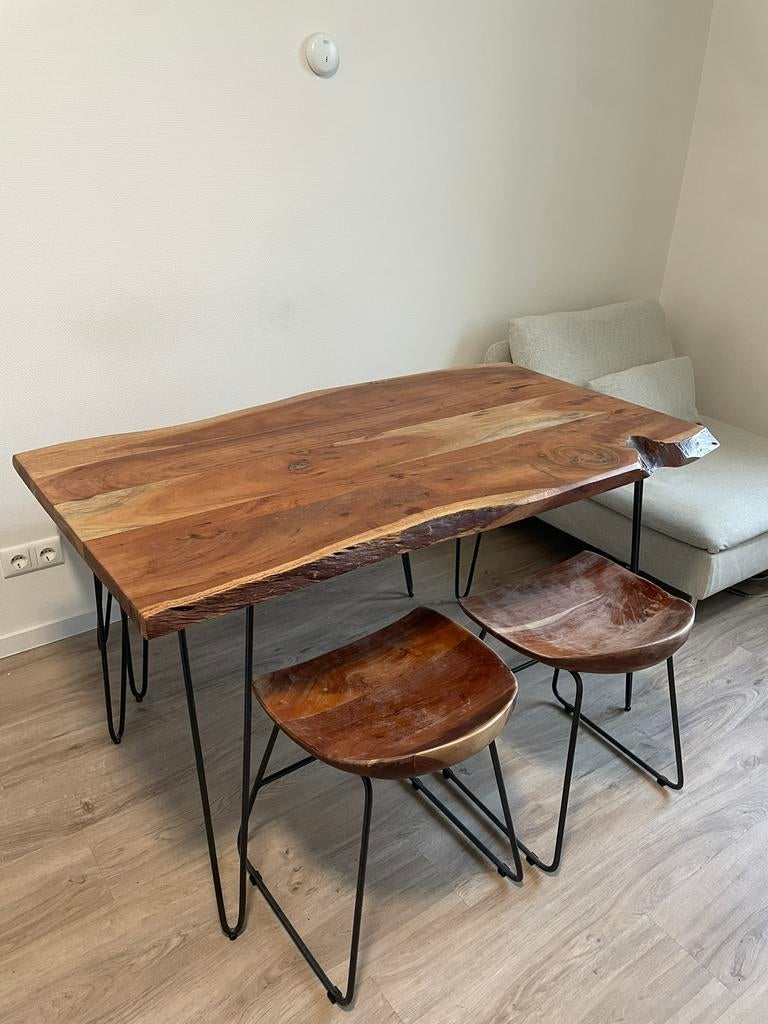 Acacia houten eetkamerset, Ophalen, 100 tot 150 cm, 50 tot 100 cm, Zo goed als nieuw