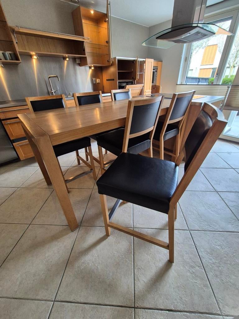 Houten keukentafel met 6 stoelen, Huis en Inrichting, Ophalen, Gebruikt, Eikenhout, 50 tot 100 cm