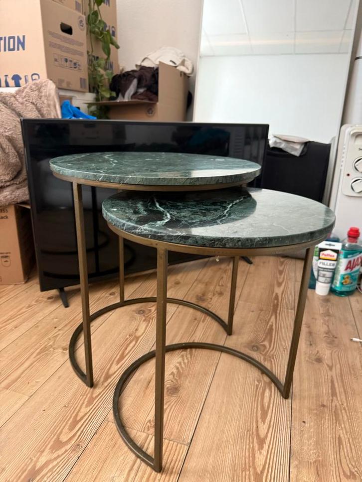 Set van 2 marmeren salontafels - Groen marmer, Huis en Inrichting, Tafels | Salontafels, Gebruikt, Minder dan 50 cm, 50 tot 100 cm