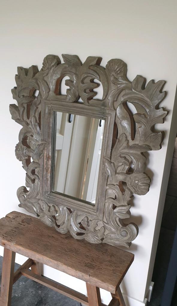 Hoffz, spiegel, teak, houtsnijwerk, Minder dan 50 cm, Nieuw, Ophalen of Verzenden, Minder dan 100 cm