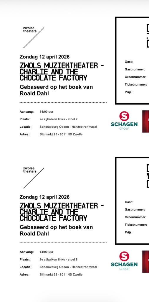 4 tickets musical zondag: Charlie and the chocolate factory, Tickets en Kaartjes, Drie personen of meer, April