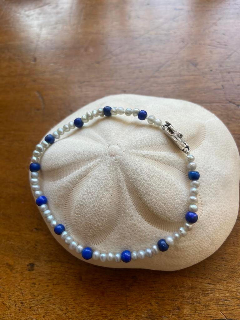 Armbandje pareltjes met Lapis Lazuli, Verzenden, Zo goed als nieuw, Blauw, Zilver