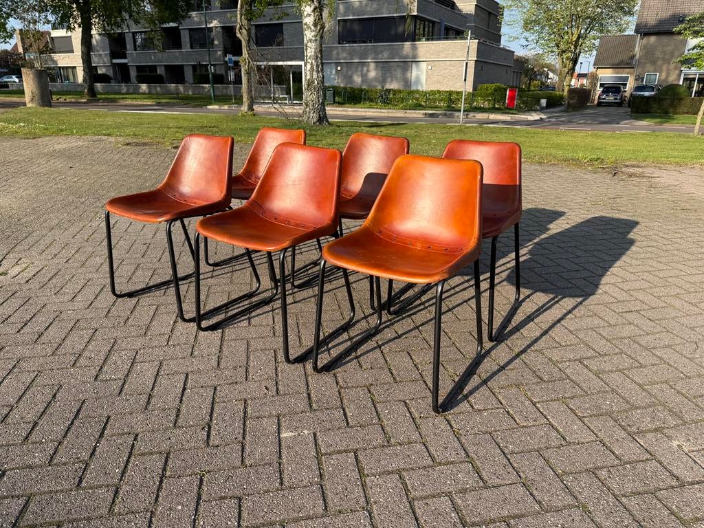 Set van 6 lederen eetkamerstoelen design, Gebruikt, Bruin, Leer, Ophalen of Verzenden