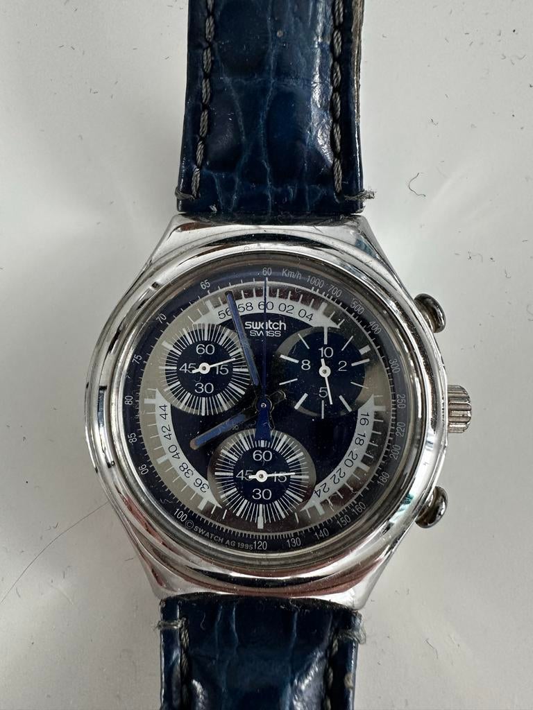 Vintage Swatch Irony Chronograaf - Blauwe Wijzerplaat, Staal, Polshorloge, Swatch, Ophalen of Verzenden