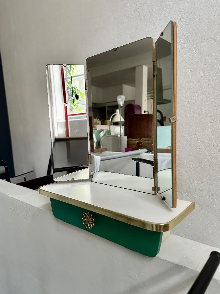 Brocante, antiek, vintage wandspiegel met klepje en planchet, Antiek en Kunst, Ophalen