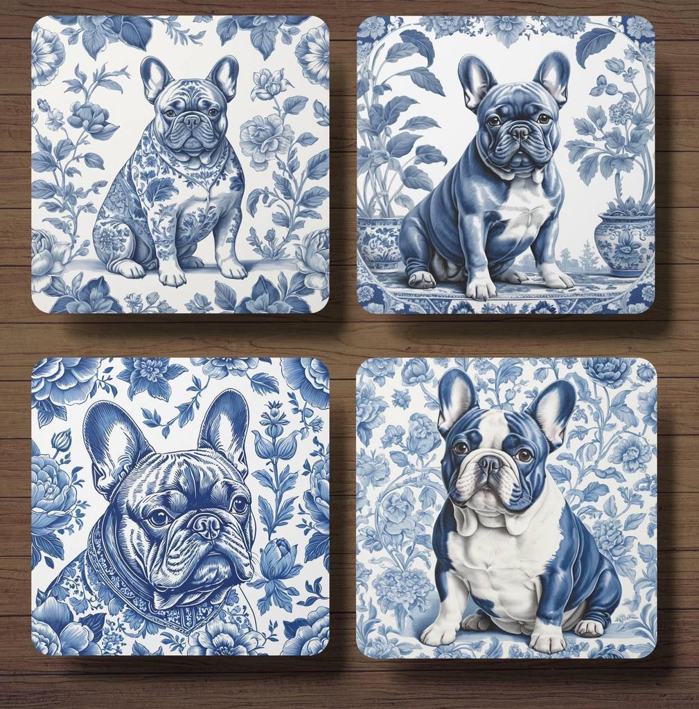 Franse Bulldog Delfts Blauw onderzetters met houder, Ophalen of Verzenden, Nieuw, Glas of Kopje