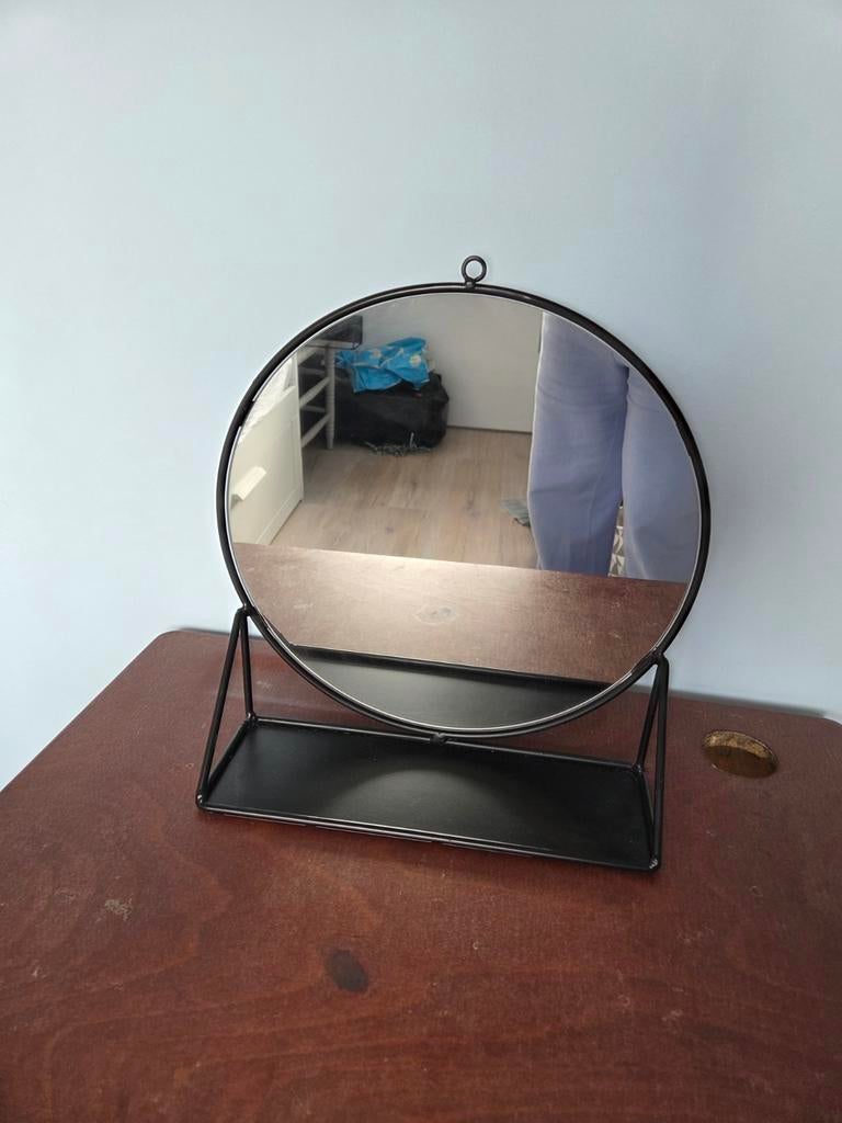 Spiegel met plateau zwart metaal, Antiek en Kunst, Ophalen of Verzenden, Rechthoekig, Minder dan 50 cm
