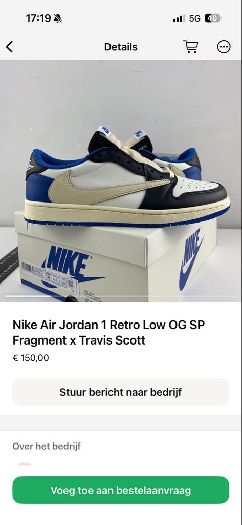 Nike Air Jordan 1 Retro Low OG SP Fragment x Travis Scott, Ophalen of Verzenden, Gedragen, Wit, Sneakers of Gympen