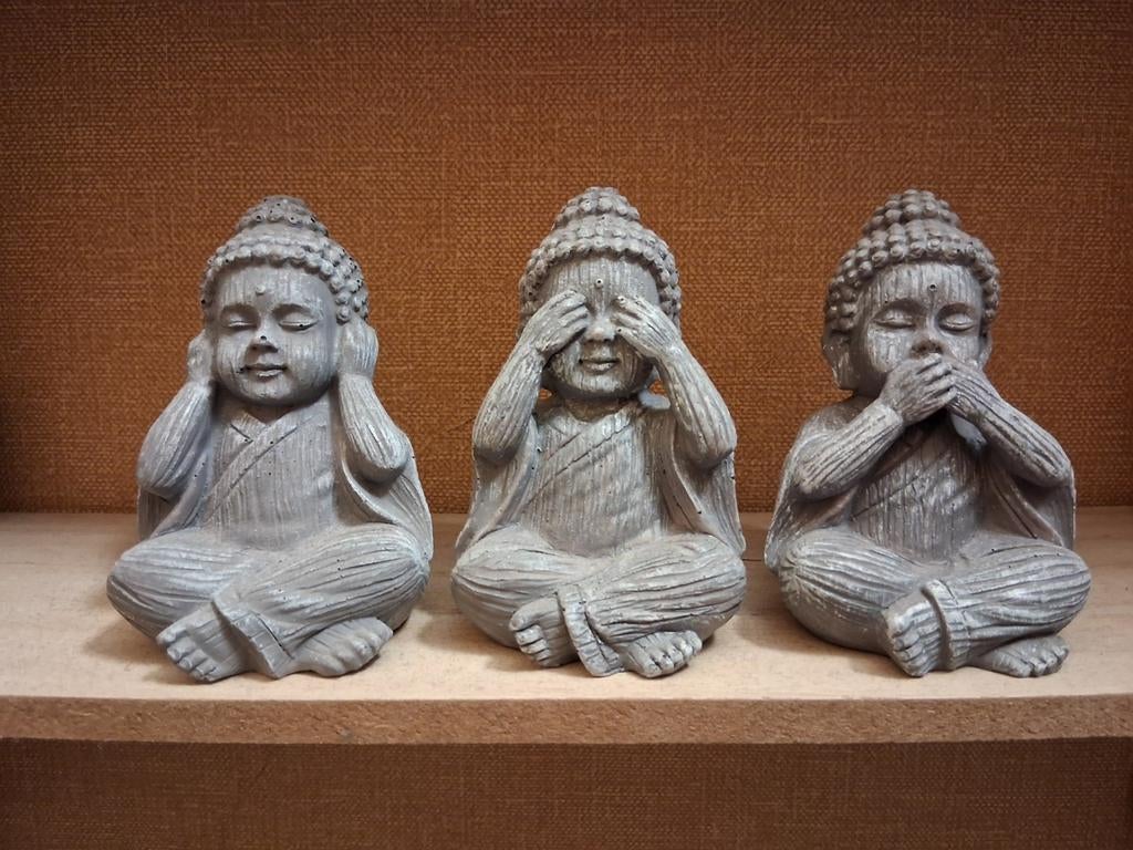 Horen, Zien en Zwijgen Boeddha beeldjes - 9 cm, Ophalen of Verzenden, Zo goed als nieuw