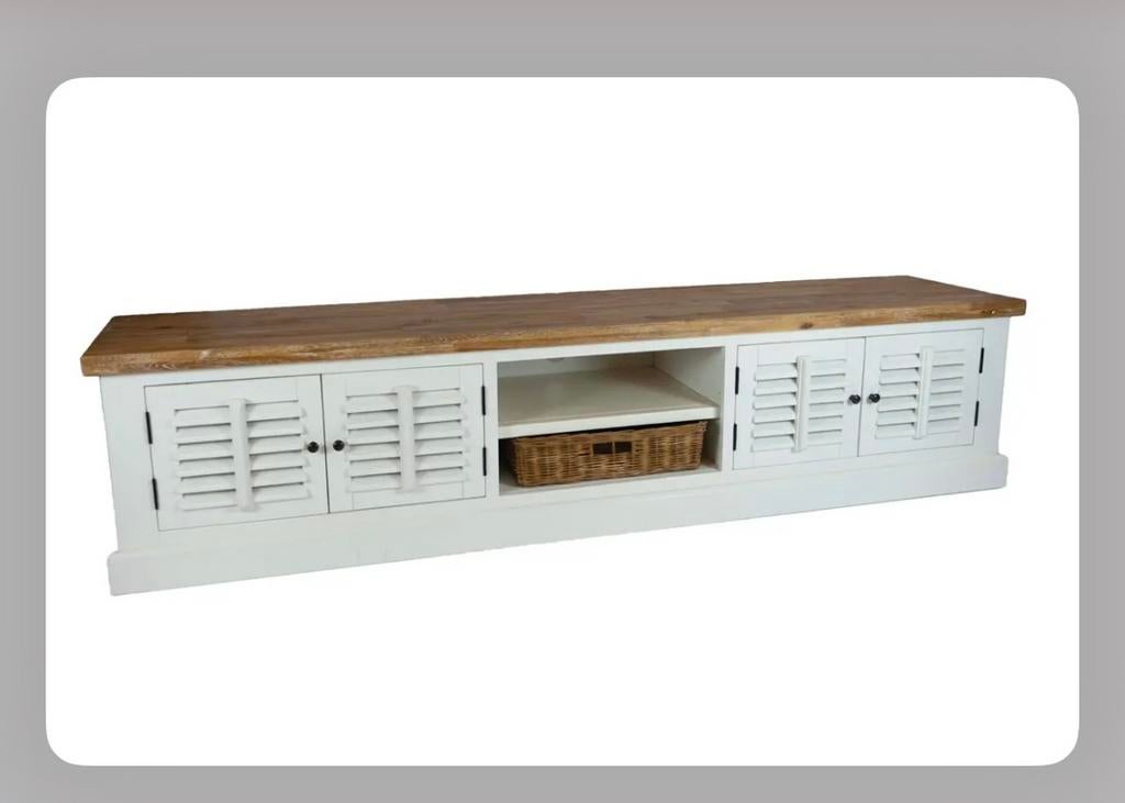 Landelijk TV meubel met mandje en shutter deurtjes, Huis en Inrichting, Ophalen, Gebruikt, Landelijk, 200 cm of meer