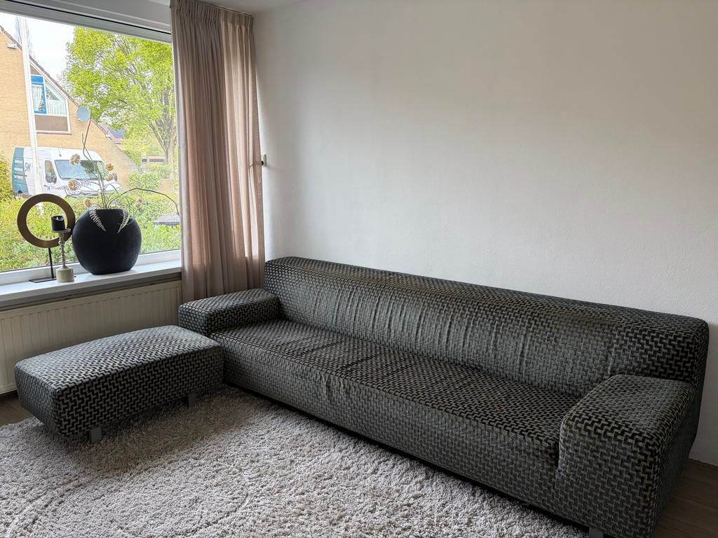 Montel  bank met hocker - blauw/grijs beige patroon, Ophalen, 250 tot 300 cm, Gebruikt, 100 tot 125 cm