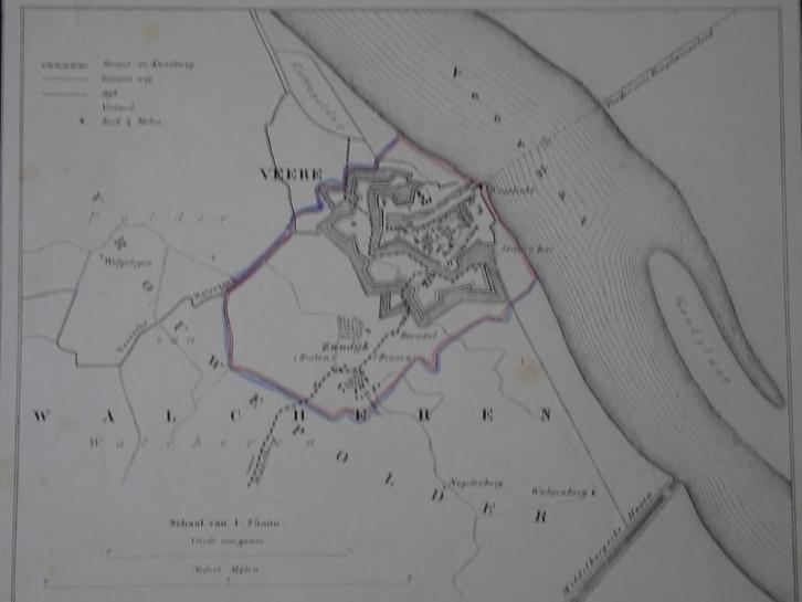 Litho plattegrond gemeente Veere, Kuyper, 1866, Antiek en Kunst, Kunst | Etsen en Gravures, Verzenden