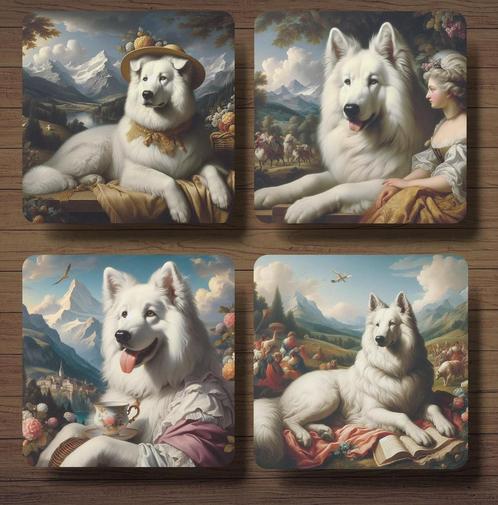 Zwitserse Witte Herder Barok onderzetters met houder, Huis en Inrichting, Woonaccessoires | Onderzetters, Nieuw, Glas of Kopje