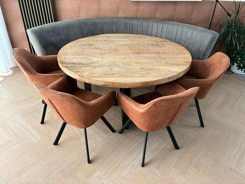 Ronde eettafel met stoelen en half ronde bank, Huis en Inrichting, Tafels | Eettafels, Zo goed als nieuw, 100 tot 150 cm, Vijf personen of meer
