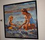 Henri Hess, moeder met kind op het strand,100x100cm., Antiek en Kunst, Kunst | Schilderijen | Klassiek, Ophalen
