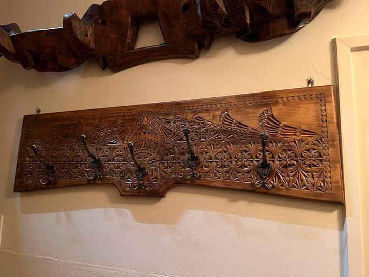 Vintage Houten Kapstok met Bronzen Haken, Huis en Inrichting, Woonaccessoires | Kapstokken, Gebruikt, Wandkapstok, 100 tot 150 cm