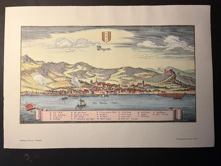Stadsgezicht Bregenz, gravure 1643, Antiek en Kunst, Kunst | Etsen en Gravures, Ophalen of Verzenden